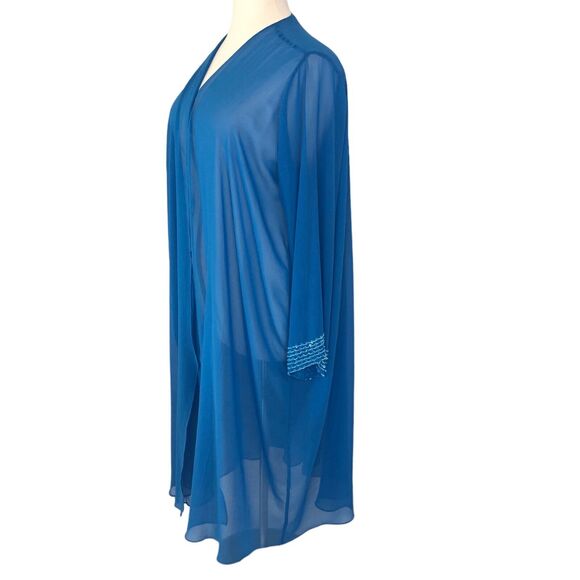 Sheer Chiffon Duster Open Jacket Blouse Sequin Trim Long Sleeves Sz 3X Teal Blue - Picture 11 of 15